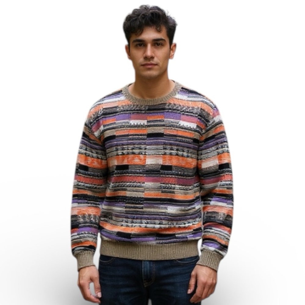 VINTAGE Pronto Uomo Sweater Multicolor Geometric Print Made in Italy XL